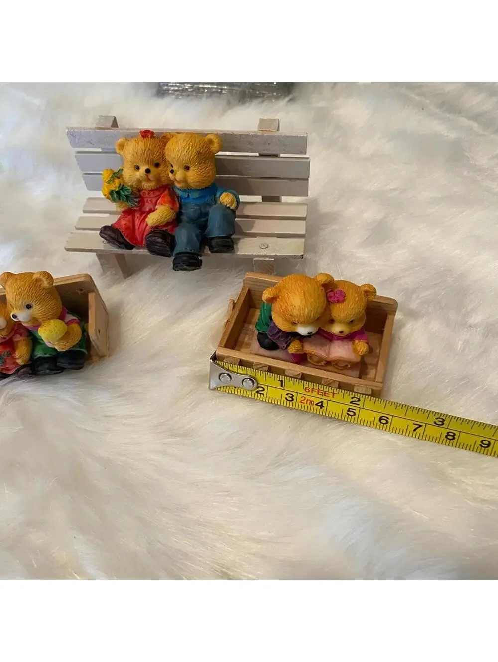 Miniature Bear Figurines on Benches - Set of 3